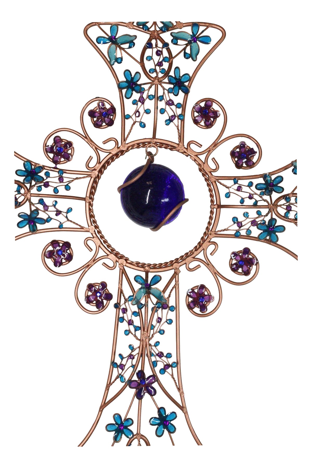 Blue Floral Scroll with Gemstones Christian Cross Art Glass Metal Wind Chime