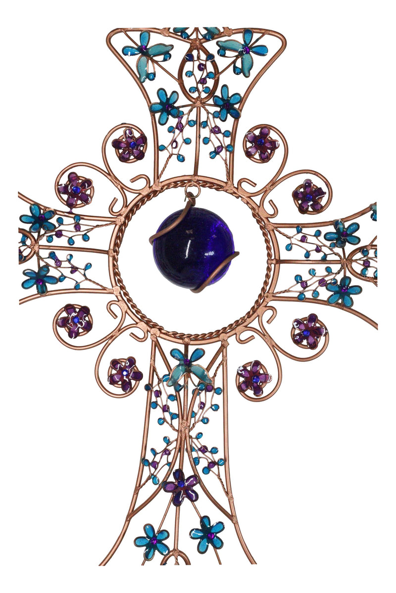 Blue Floral Scroll with Gemstones Christian Cross Art Glass Metal Wind Chime