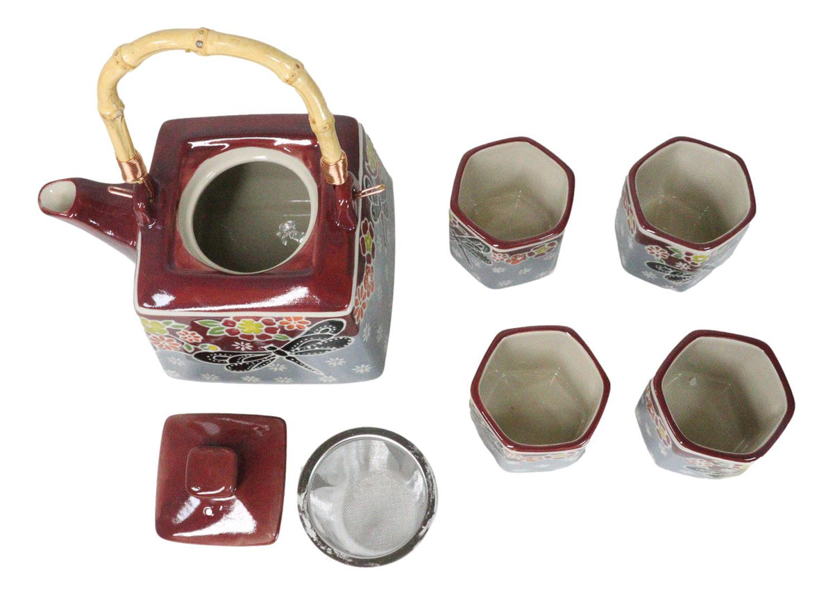 Maroon Grey Tombo Dragonfly With Flowers Hexagonal Teapot With 4 Tea Cups Set