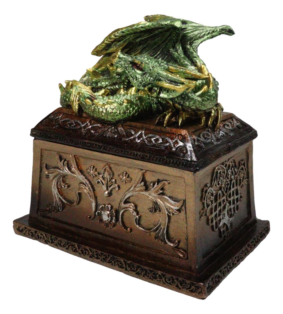 Medieval Fantasy Metallic Green Dragon Decorative Trinket Treasure Box Figurine