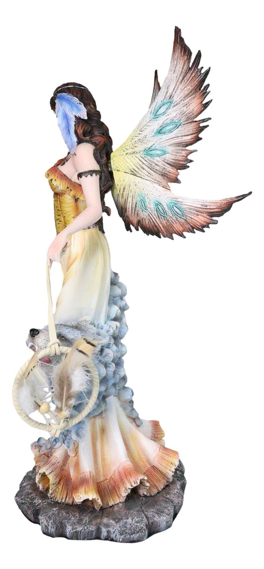 Large Tribal Native Indian Fairy Dreamcatcher with Eagle and Wolf Figurine 18"H