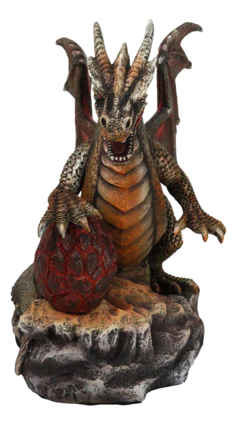 Fantasy Bronzite Fire Dragon Guarding LED Scaled Egg Decorative Figurine