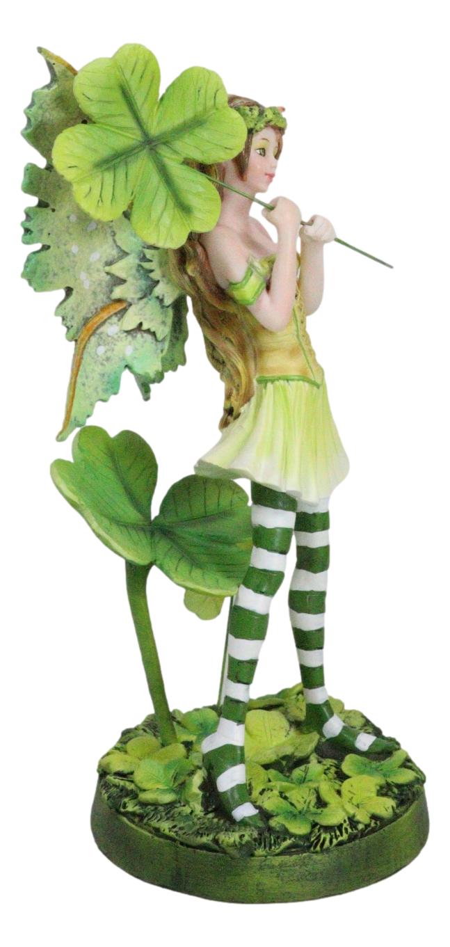 Green Shamrock Lucky Clovers Spring Garden Fairy With Striped Leggings Figurine