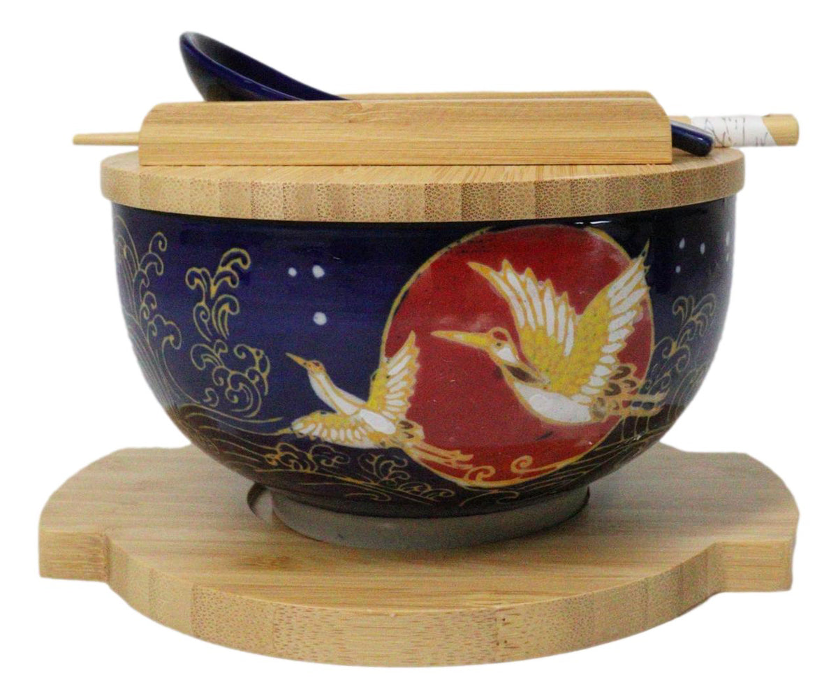 Red Moon Golden Crane Donburi Ramen Bowl With Lid Trivet Spoon Chopsticks Set - Ebros Gift