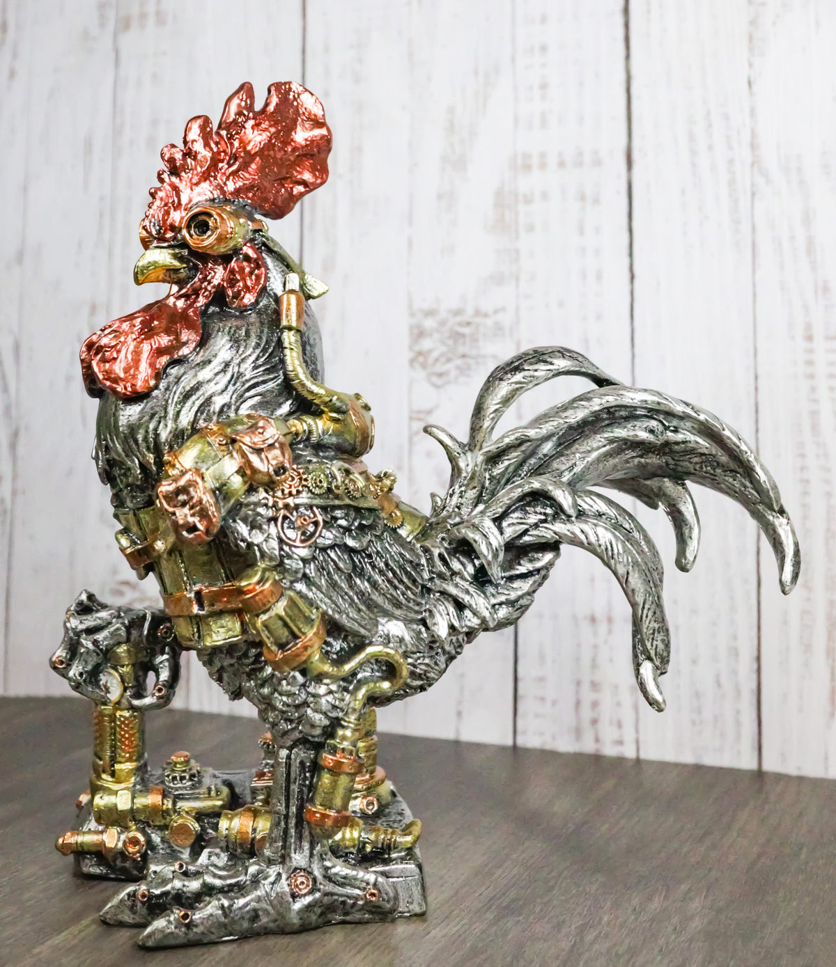 Steampunk Gearwork Robotic Cyborg Rooster Chicken In Battle Armor Figurine - Ebros Gift