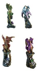 Set Of 4 Metallic Colorful Dragons Perching On Evil Eye Drake Towers Figurines