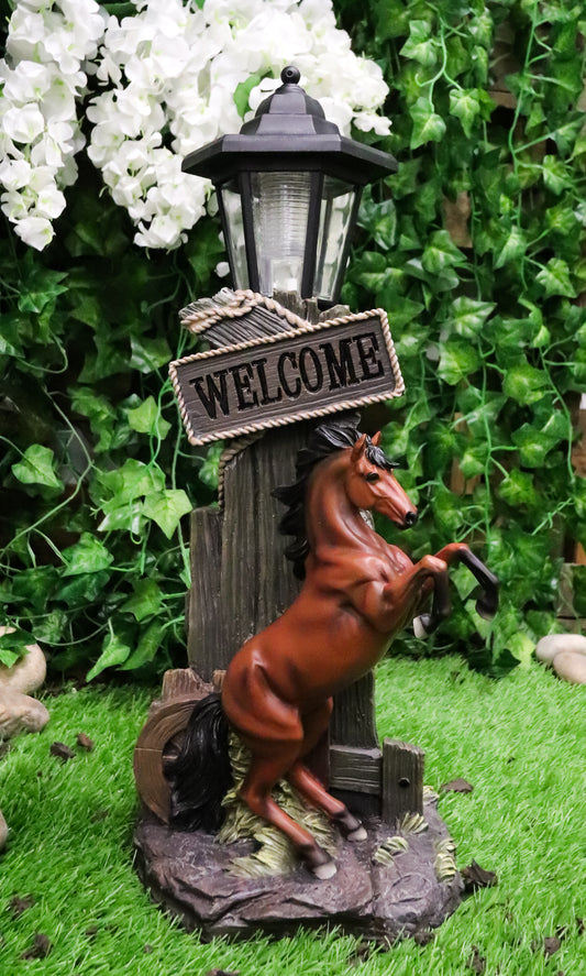 Ebros Western Rearing Horse with Welcome Sign Statue w/ Solar LED Lantern Light