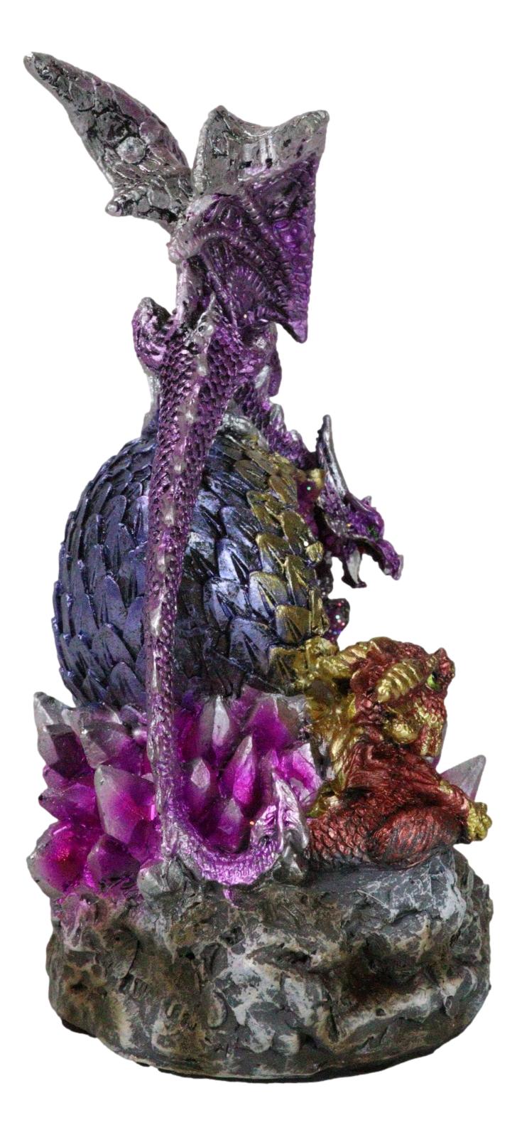 Purple Mother Dragon Guarding LED Faux Crystals Egg With Hatchlings Figurine