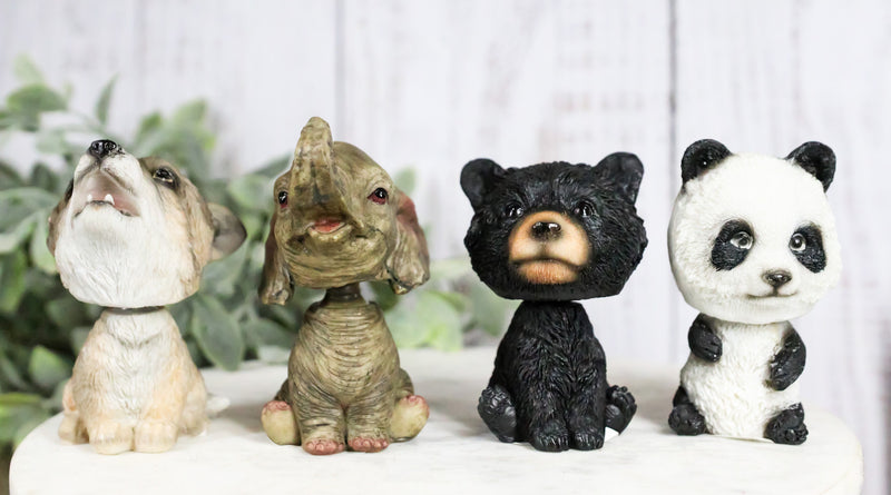 Whimsical Elephant Panda Black Bear And Wolf Set Of 4 Mini Bobblehead Figurines
