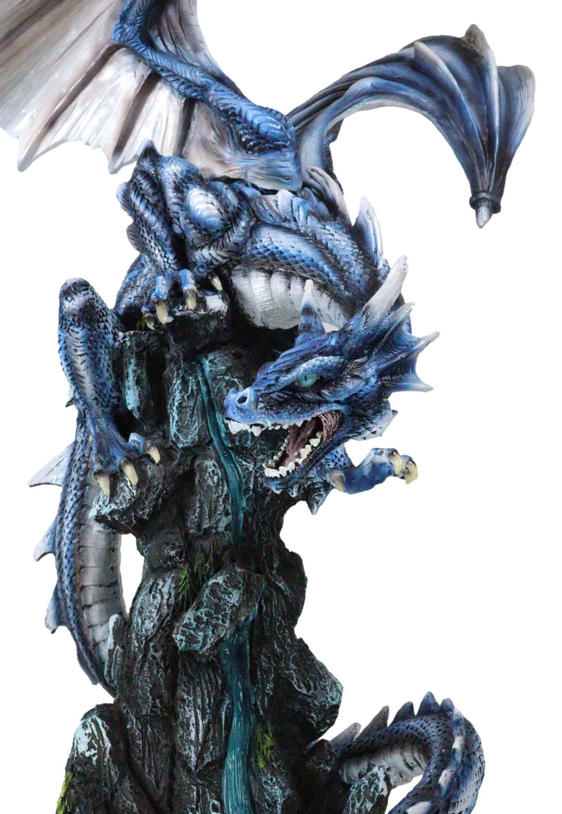 Large Blue Zirconia Rogue Storm Dragon Hovering Over Cliff Rock Waterfall Statue