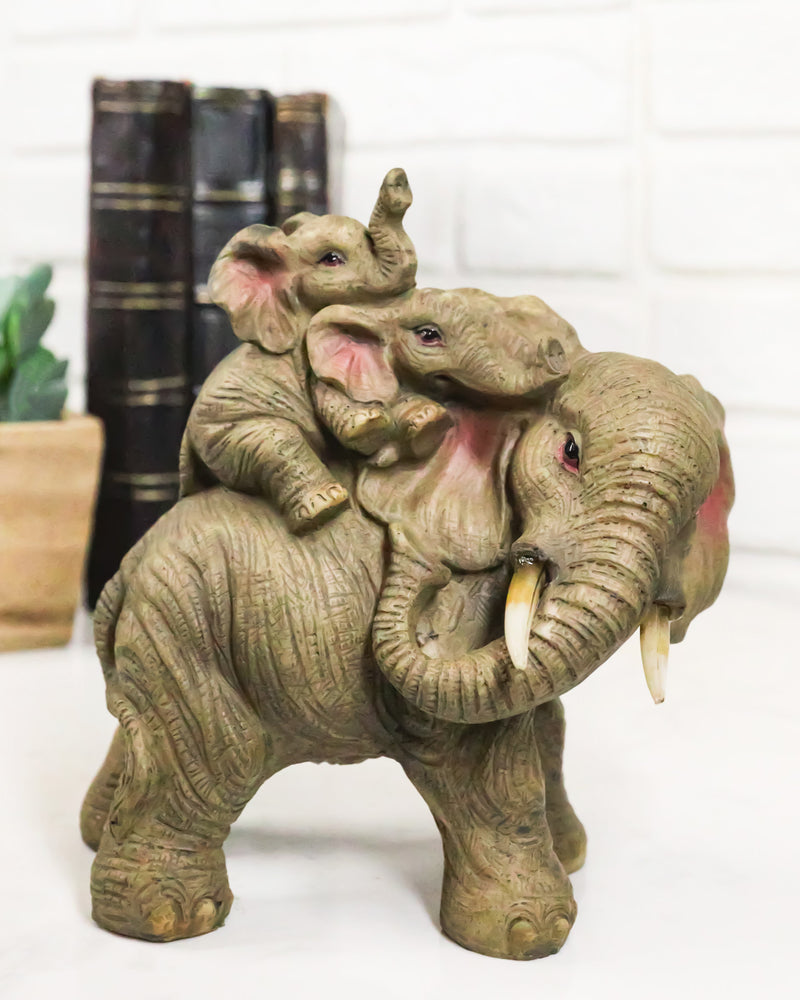Safari Savanna Whimsical Elephant Father And 2 Calves On Piggyback Figurine 5"H