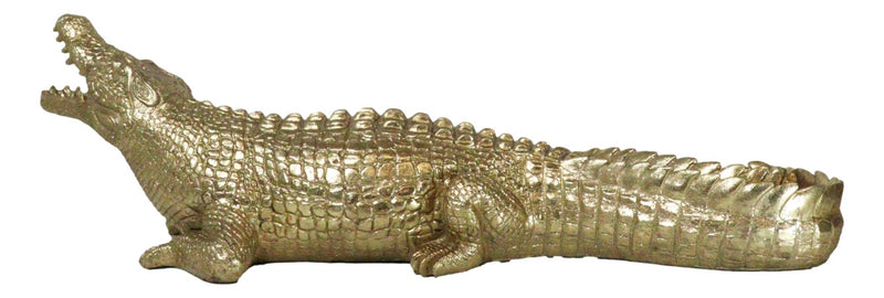 Large 2 Feet Gold Patina Crocodile Baring Jaws and Razor Teeth Garden Statue