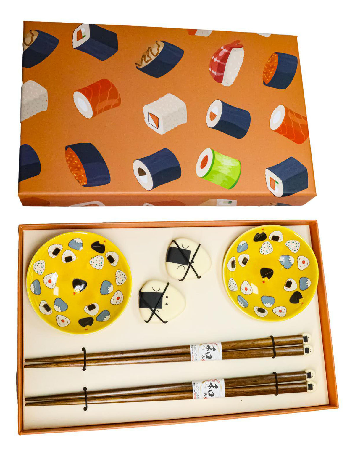 Onigiri Rice Balls Yellow Sauce Dishes Chopsticks And Rests Sushi Set For 2
