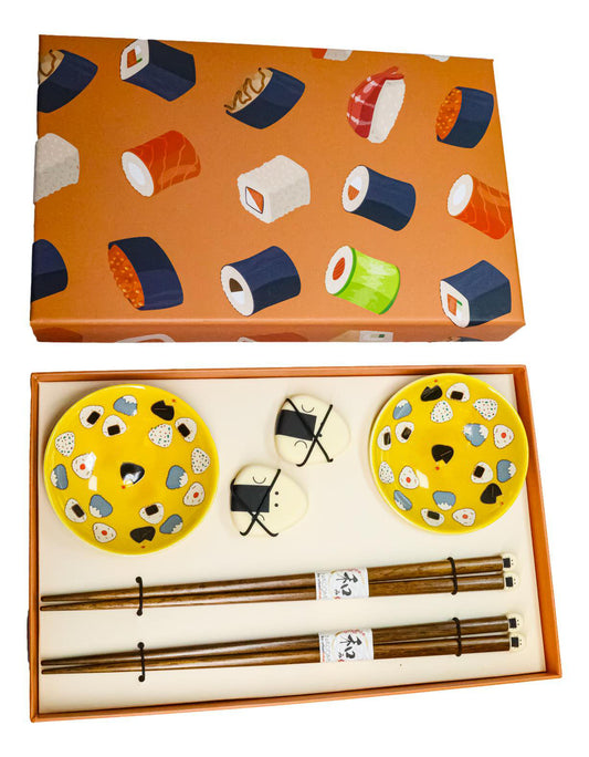 Onigiri Rice Balls Yellow Sauce Dishes Chopsticks And Rests Sushi Set For 2