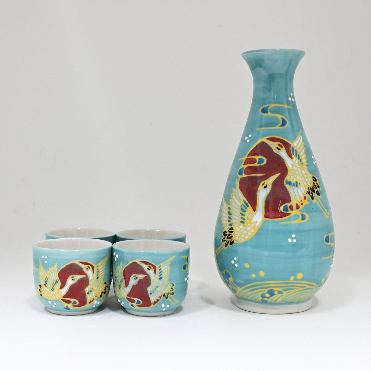 Turquoise Moon Japanese Cranes Porcelain Sake Carafe Flask And 4 Ochoko Cups Set