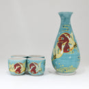 Turquoise Moon Japanese Cranes Porcelain Sake Carafe Flask And 4 Ochoko Cups Set