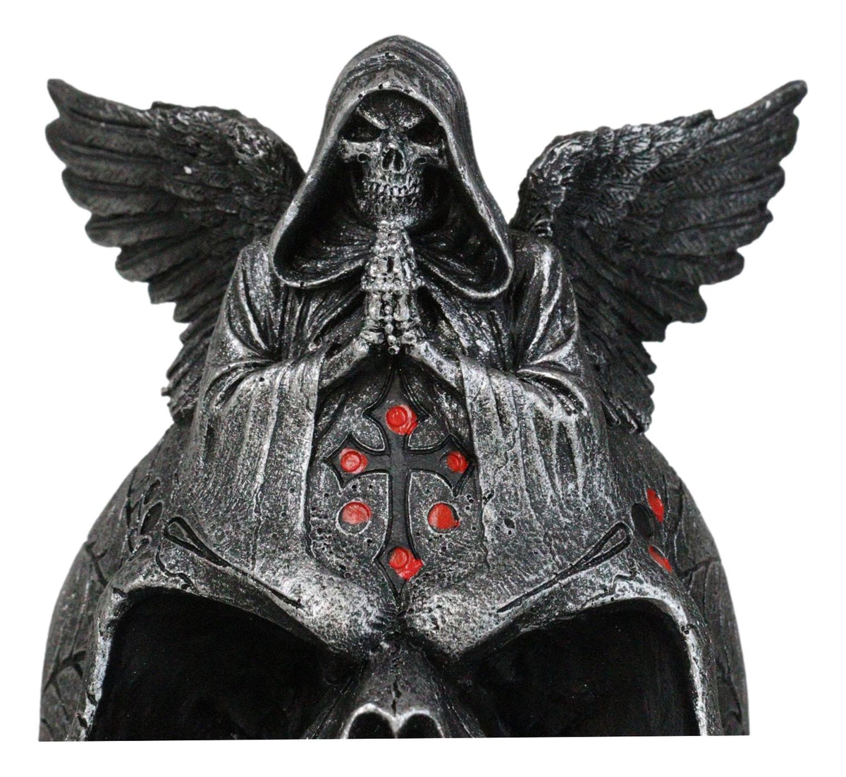 Grim Reaper Skeleton Angel Of Death Praying On Tribal Skull Red Roses Figurine