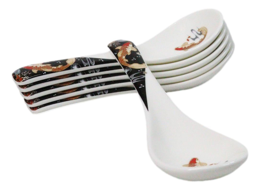 Set of 6 Japanese Koi Fish Porcelain Asian Soup Spoons Japanese Ramen Pho Wonton
