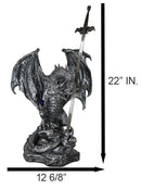 Stone Grey Dragon Holding Blue Orb and Drake Skull Sword Letter Opener Figurine