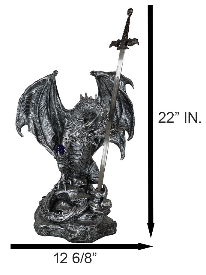 Stone Grey Dragon Holding Blue Orb and Drake Skull Sword Letter Opener Figurine