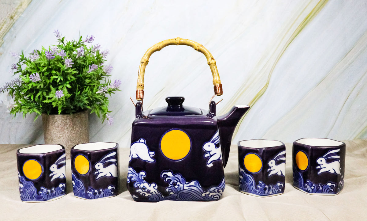 Purple Blue Night Moon White Rabbit Ceramic Hexagonal Teapot With 4 Tea Cups Set