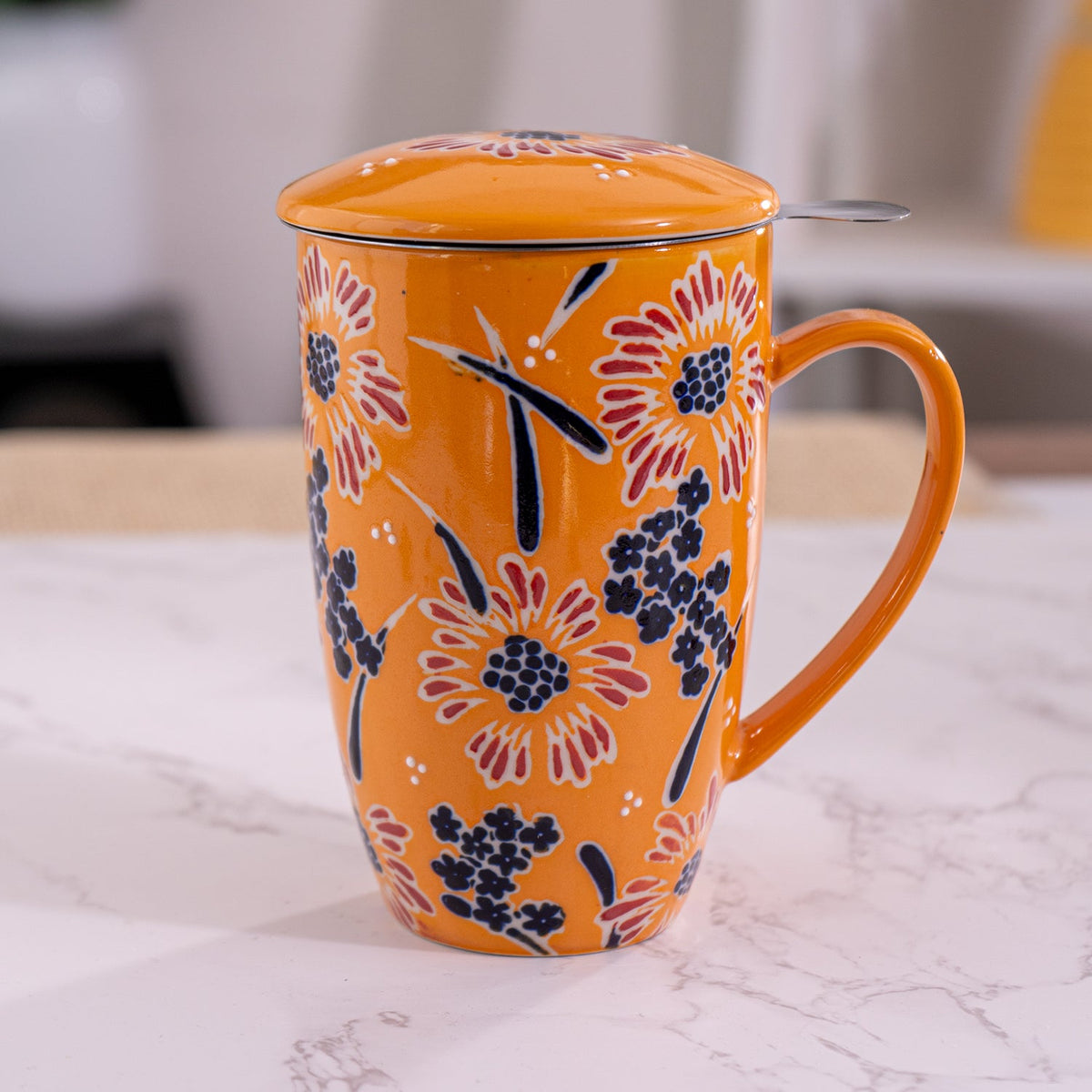 Orange Flowers Nature 15oz Porcelain Tea Mug With Lid & Stainless Steel Infuser