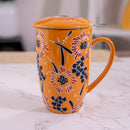 Orange Flowers Nature 15oz Porcelain Tea Mug With Lid & Stainless Steel Infuser