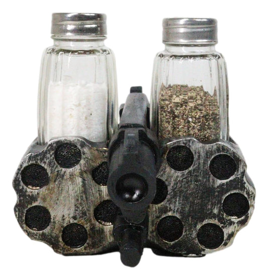 Old World Western Pistol Gun With Giant Barrels Salt Pepper Shakers Holder Set