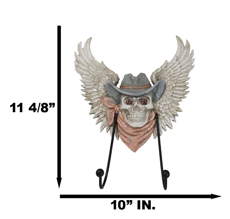 Rustic Western Cow Skull With Horns And Angel Wings Wall Double Hooks Sculpture