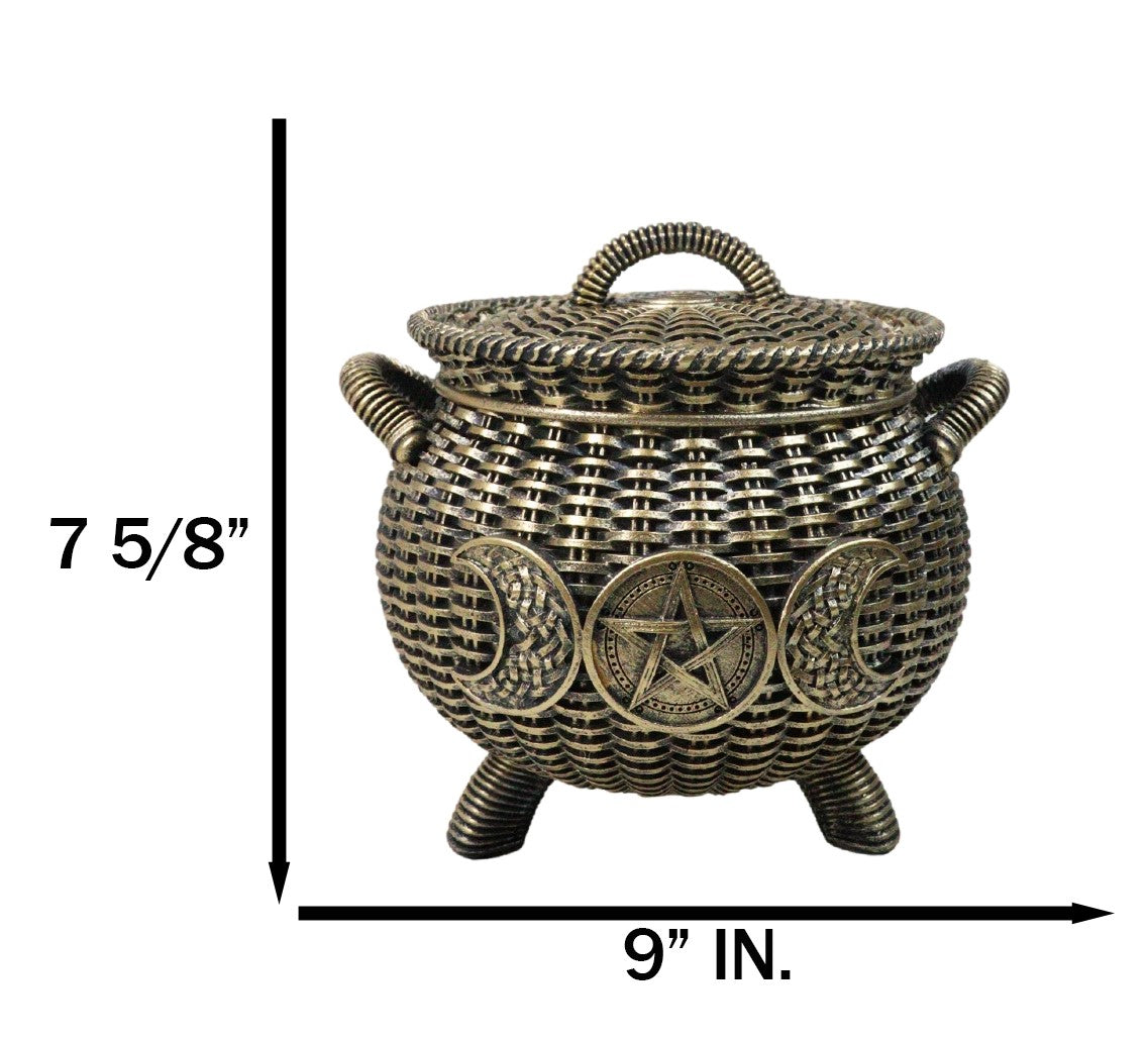 Wiccan Triple Moon Cauldron Pot In Wicker Finish Decorative Trinket Crystals Box - Ebros Gift