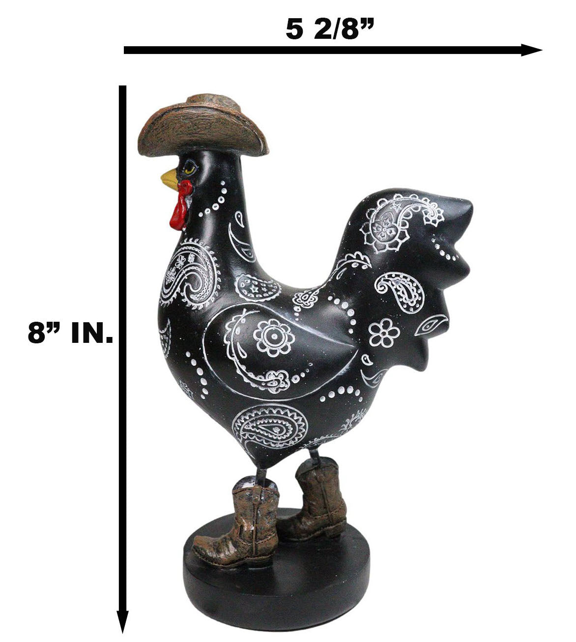 Black Western Country Cowboy Chicken Rooster Wearing Hat And Boots Figurine 8"H