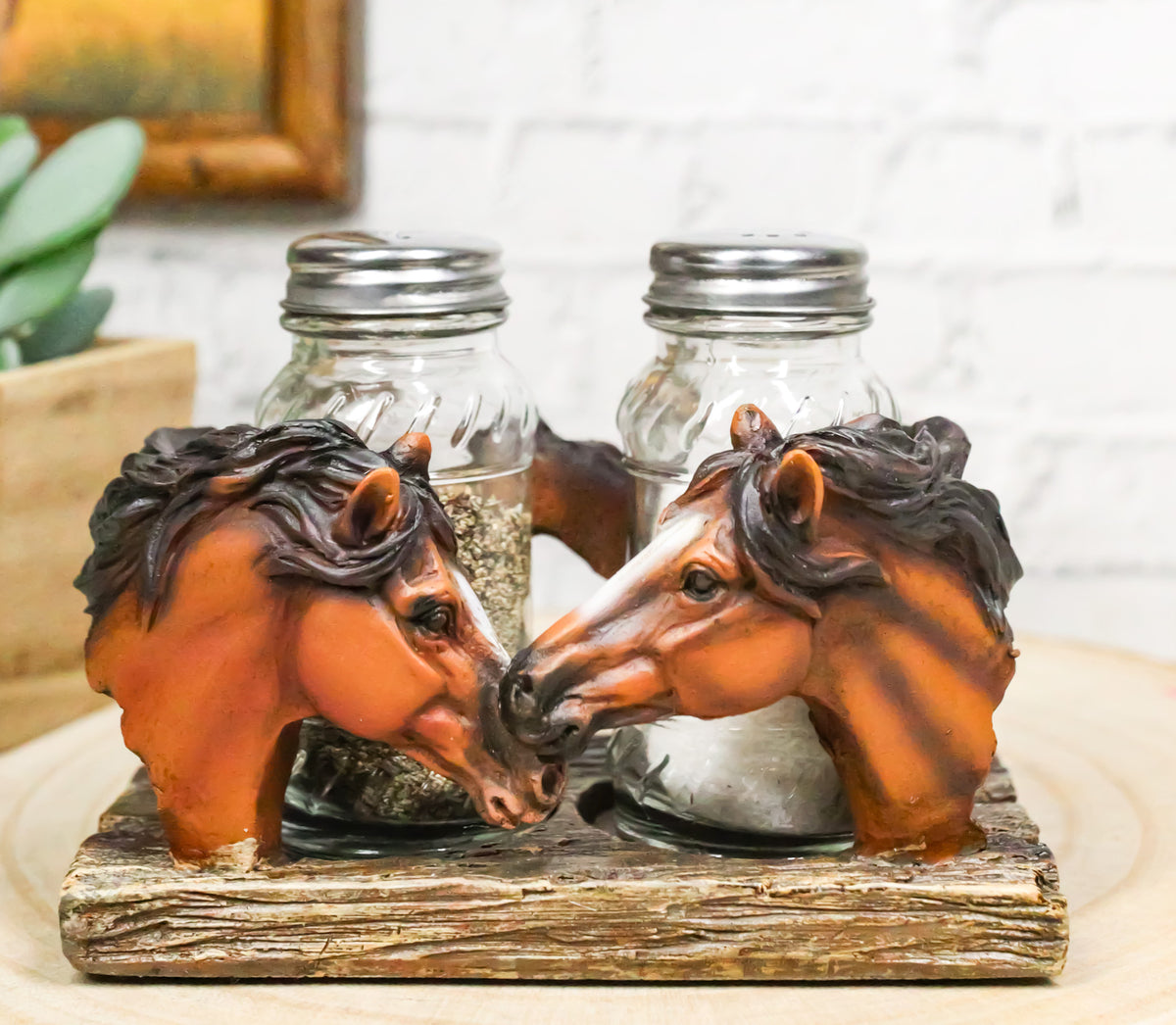 Western Wild At Heart Double Brown Chestnut Horses Salt Pepper Shakers Holder - Ebros Gift