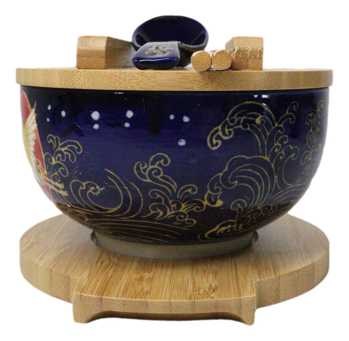 Red Moon Golden Crane Donburi Ramen Bowl With Lid Trivet Spoon Chopsticks Set - Ebros Gift