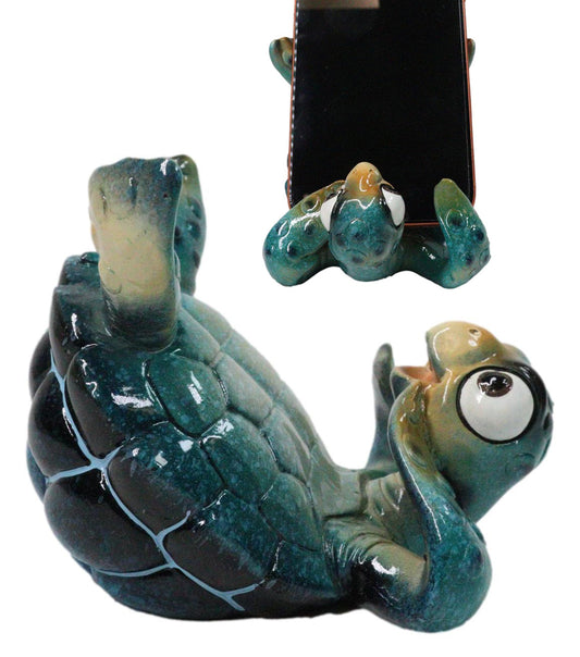Comical Blue Shelled Sea Turtle On Back Flip Cell Phone Holder Stand Figurine