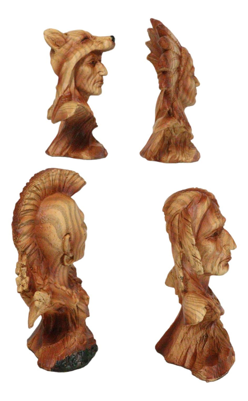 Set of 4 Native American Sioux Indian Tribal Warrior Chief Faux Wood Figurines