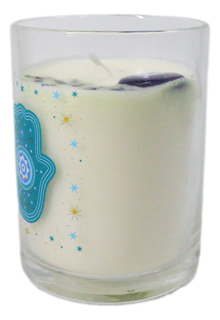 Ebros Wicca Hand of Hamsa Watchful Eye White Rose Scented Crystals Jar Candle