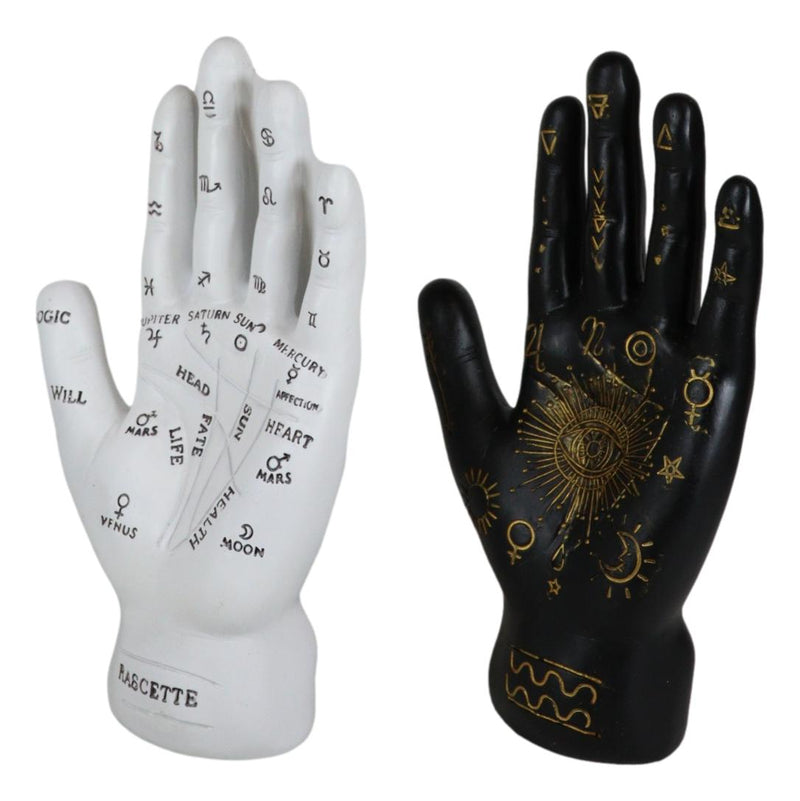 Ebros Psychic Fortune Teller Palmistry Hand Palm Figurine (Black & White Set) - Ebros Gift