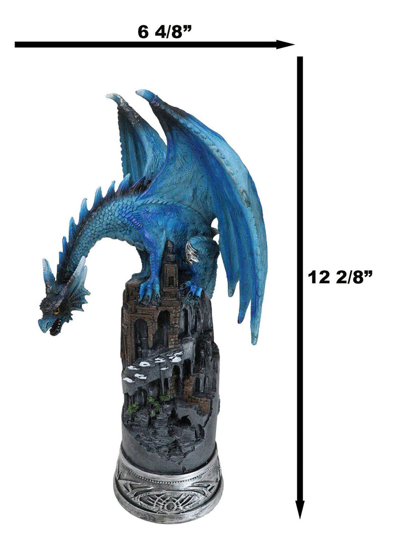 Blue Elemental Ice Dragon Perching On Medieval Stonewall Castle Tower Figurine