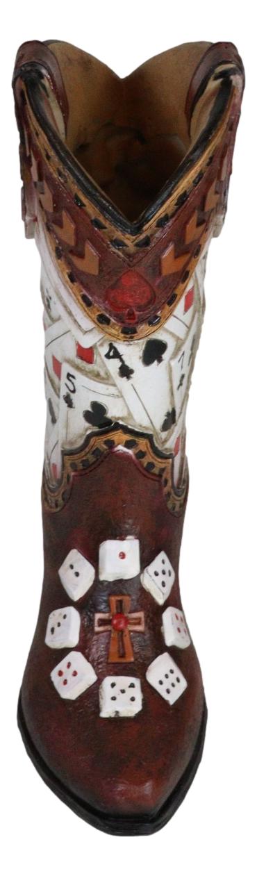 Rustic Western Gambler Casino Poker Cards Dice Cowboy Boot Vase Planter Figurine