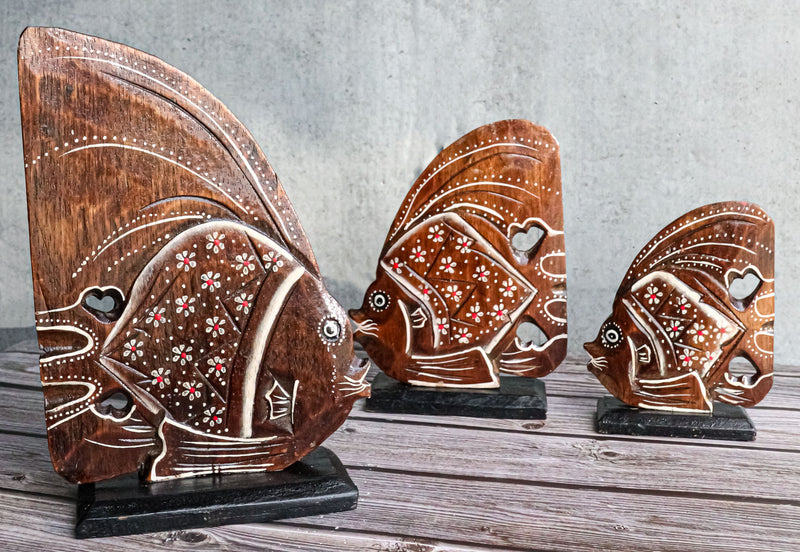 Balinese Wood Handicrafts Tropical Floral Angel Fish Family Set of 3 Figurines