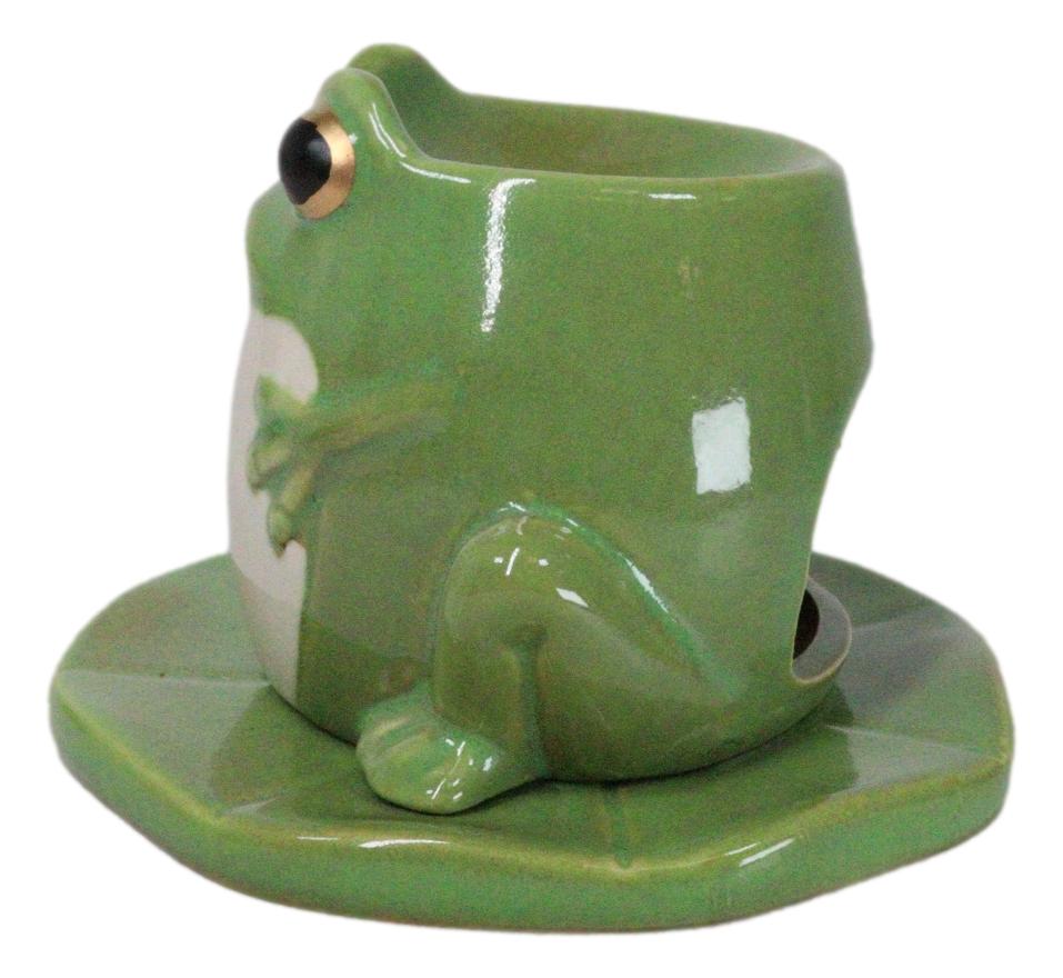 Whimsical Green Toad Frog On Lily Pad Ceramic Essential Oil Warmer Candle Holder - Ebros Gift