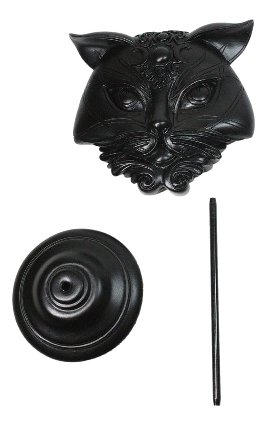 Wicca Black Sacred Cat Moon Masque Ornament On Pole Stand Or Wall Sculpture