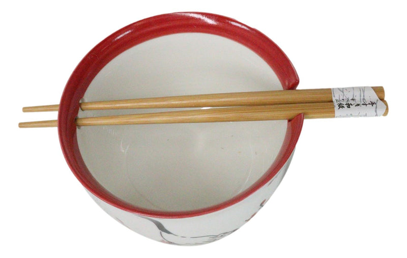 Japanese Crane On Cherry Blossoms Ceramic Donburi Ramen Bowl With Chopsticks Set