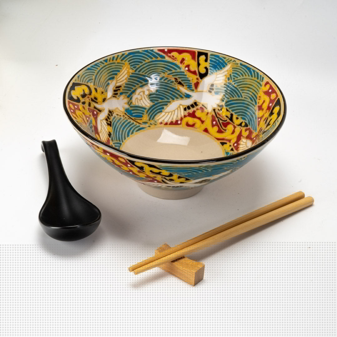 Japanese Crane Ceramic Ramen Rice Bowl With Soup Spoon Chopsticks And Rest Set