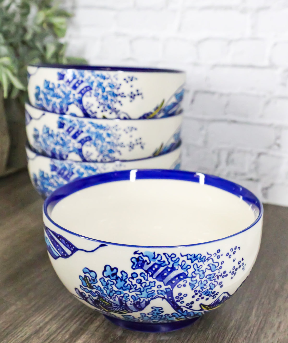 Pack Of 4 Blue Japanese Hokusai Great Wave Ceramic Soup Rice Salad Bowls 22oz