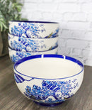 Pack Of 4 Blue Japanese Hokusai Great Wave Ceramic Soup Rice Salad Bowls 22oz