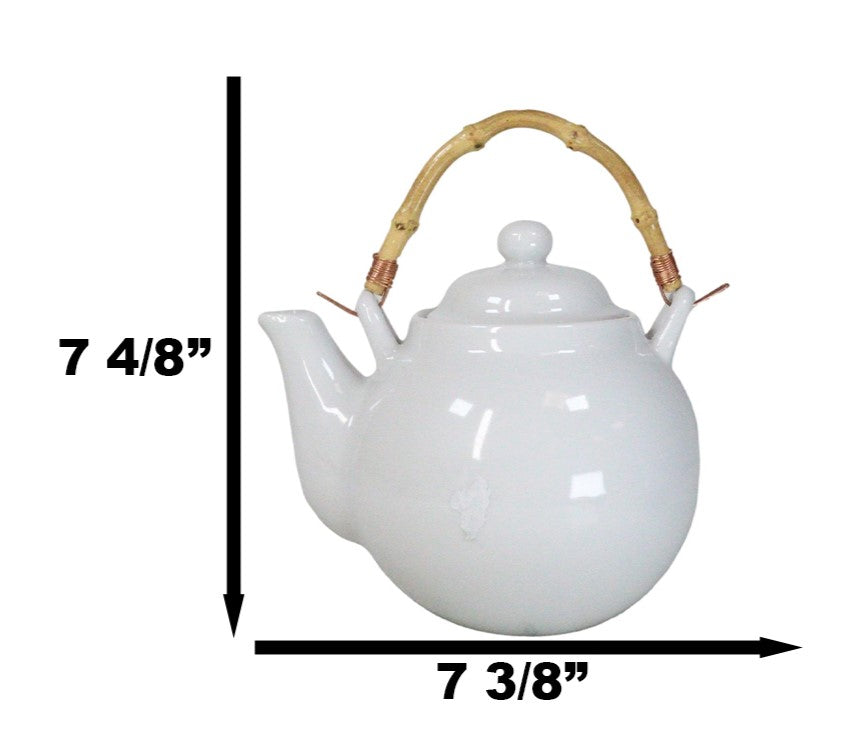 Sleek White 35oz Bone China Ceramic Tea Pot Teapot With Bamboo Handle Collection