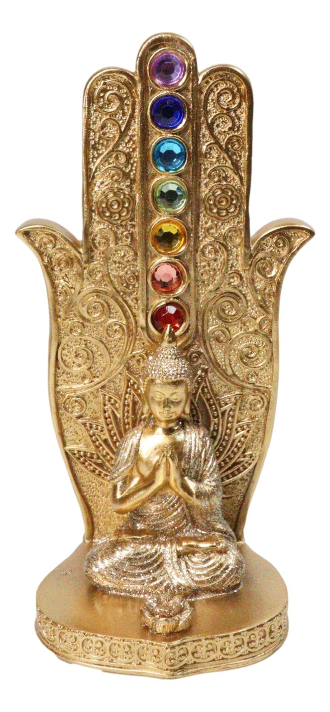 Golden Nirvana Hamsa Palm Buddha Rainbow Chakra Stones Incense Holder Figurine