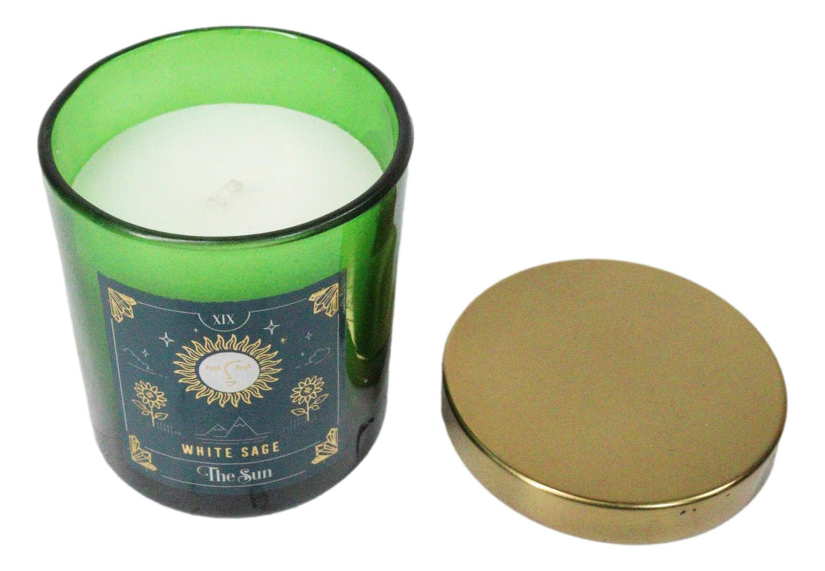 Wicca Witchcraft Mystic Tarot The Sun White Sage Scented Pillar Candle Gold Lid