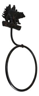 Cast Iron Rustic Cabin Bathroom Black Bear By Pine Trees Hand Towel Ring Holder